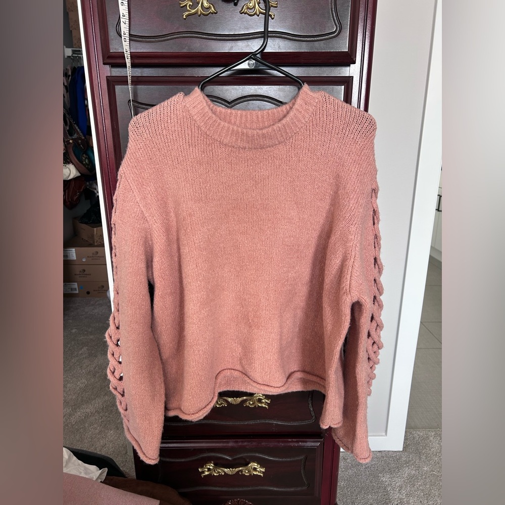 Coco + Carmen Blush Braided Sleeve Sweater Soft Knit Clean Girl Cozy Minimalist